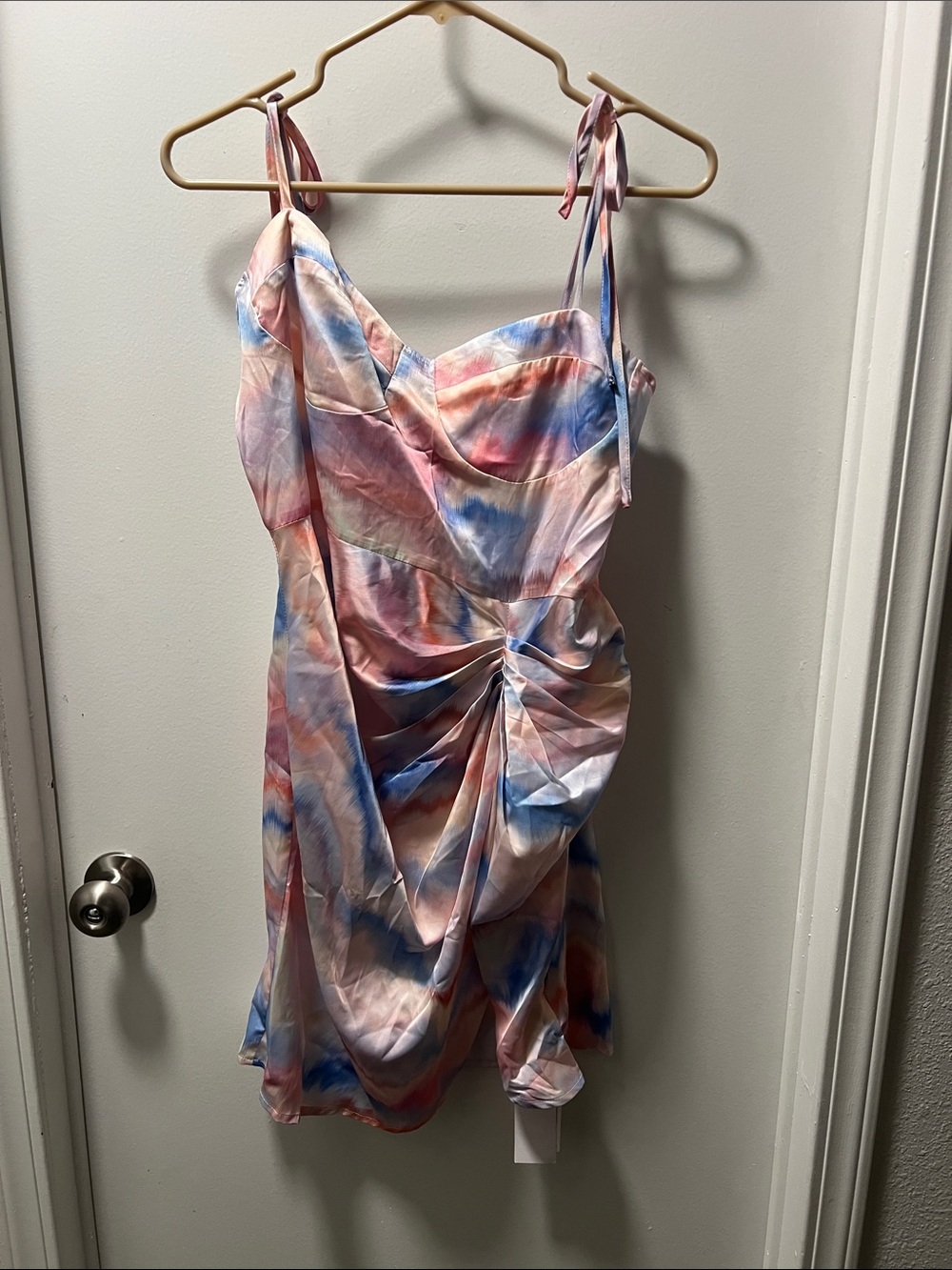 Cider Pastel Watercolor Ruched Tie-Shoulder Mini Dress